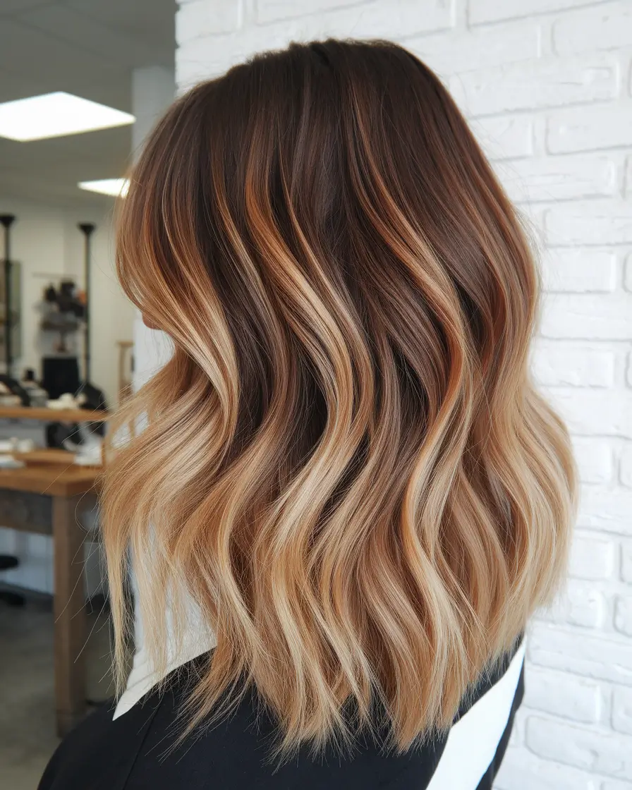 summer brunette hair colors ideas 2025 soft elegant shades Sun-Drenched Balayage Waves with Blonde Accents
