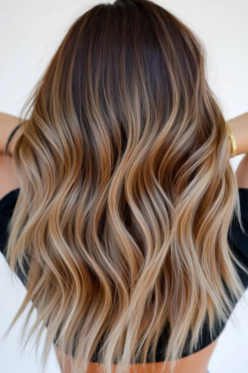 summer brunette hair colors ideas 2025 soft elegant shades Layered Brunette Dream with Soft Golden Tones