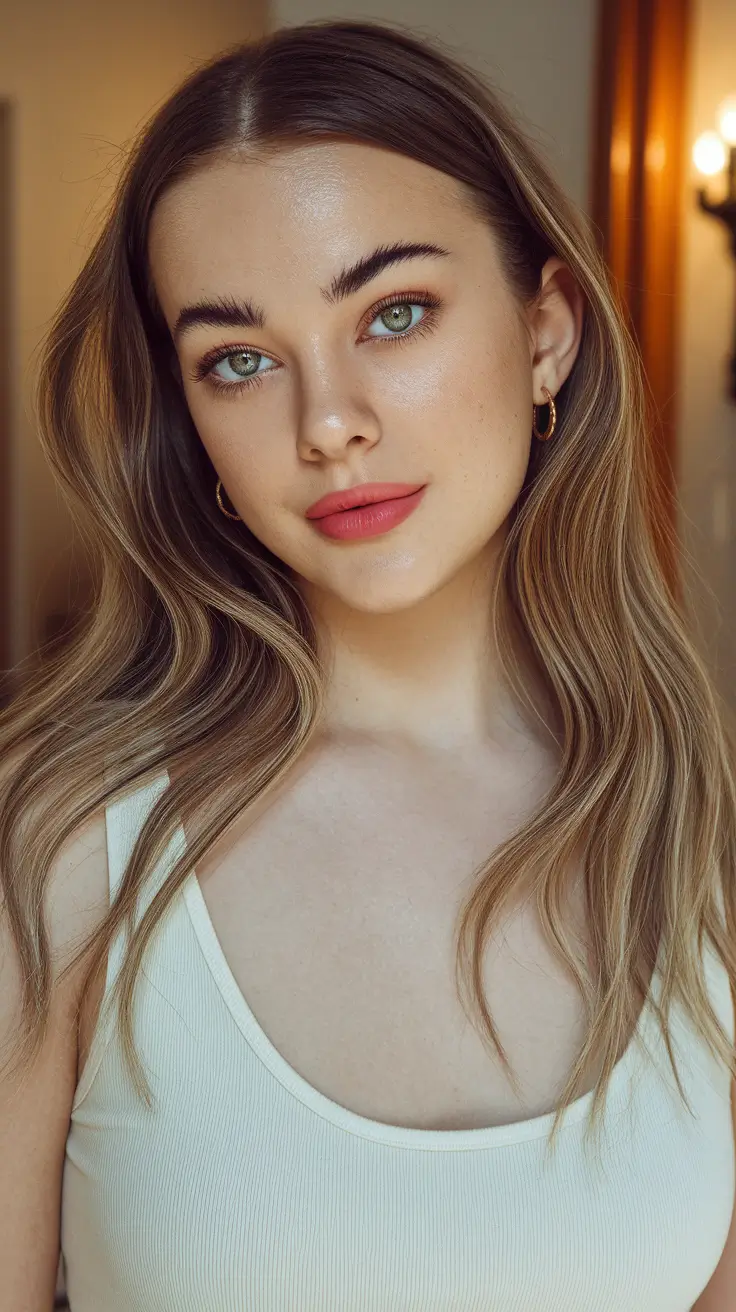 summer brunette hair colors ideas 2025 soft elegant shades Rooted Blonde Balayage with Lived-In Waves