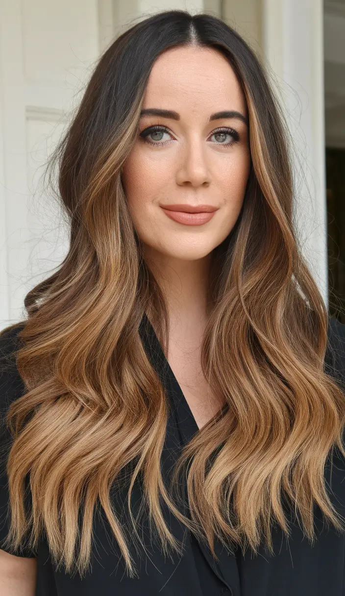 summer hair color ideas for brunettes 2025 caramel accents Soft Melted Caramel Ombre Waves