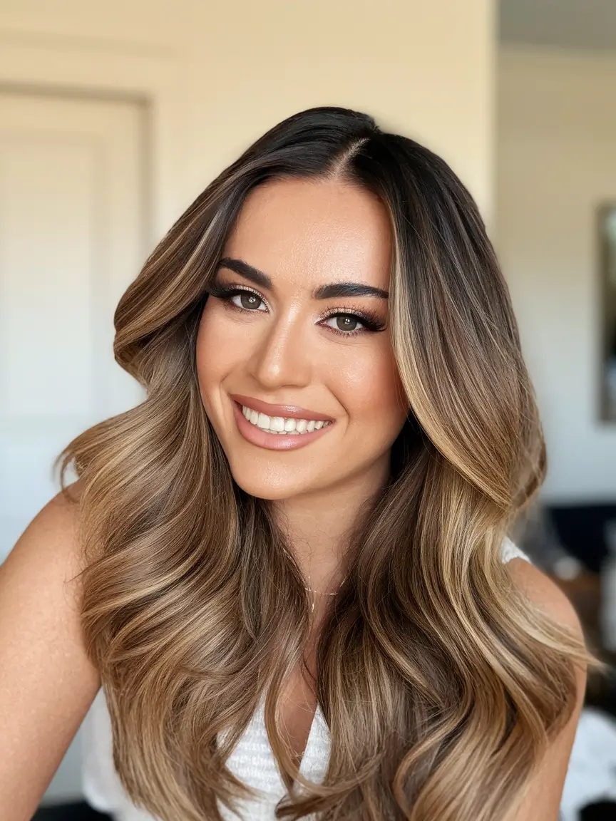 summer hair color ideas for brunettes 2025 caramel accents Golden Caramel Layers with Voluminous Body