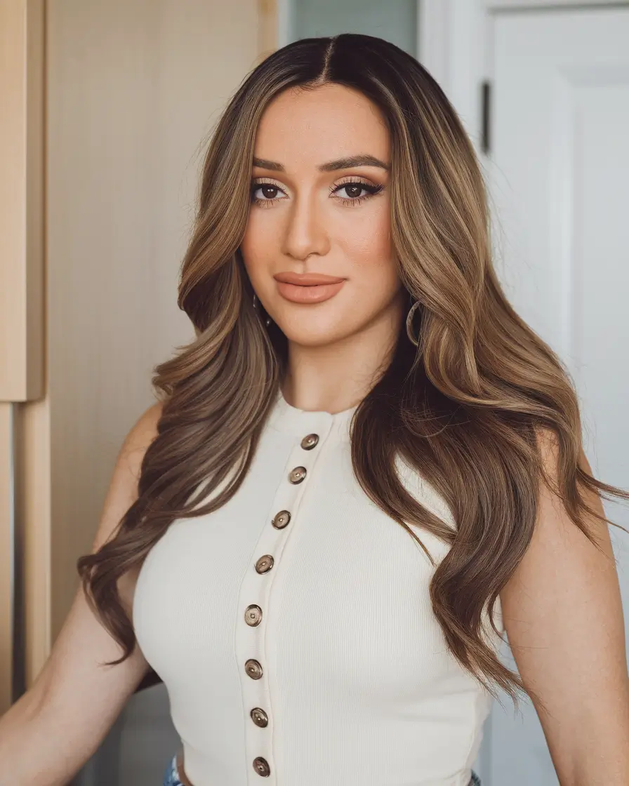 summer hair color ideas for brunettes 2025 caramel accents Chic Honey Highlights on Long Cascading Waves