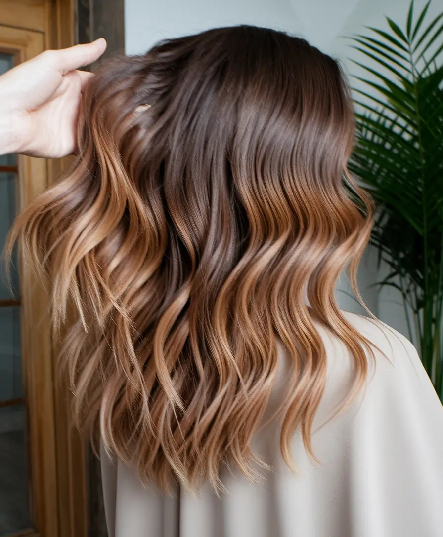 summer hair color ideas for brunettes 2025 caramel accents Golden Honey Balayage on Medium Lengths