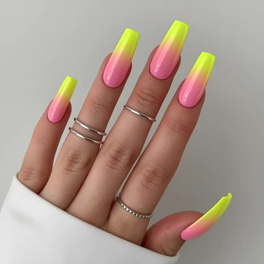 acrylic summer nails 2025 Neon Pink and Yellow Ombre