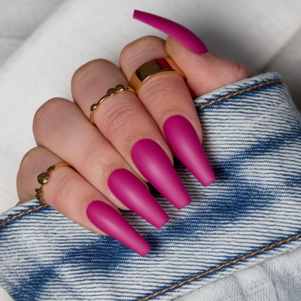 acrylic summer nails 2025 Matte Magenta Coffin Nails