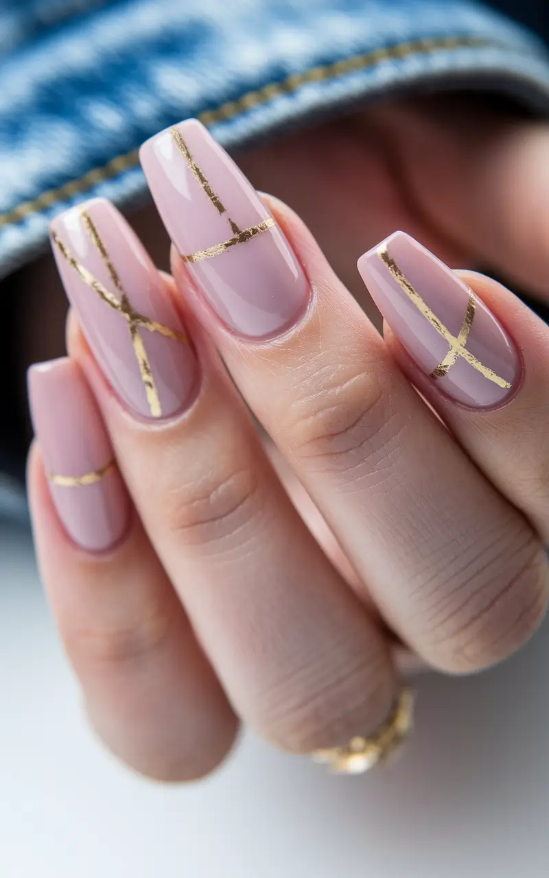 acrylic summer nails 2025 Soft Pink with Gold Foil Accents