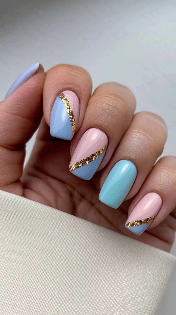 acrylic summer nails 2025 Pastel Blue and Pink with Gold Stripes