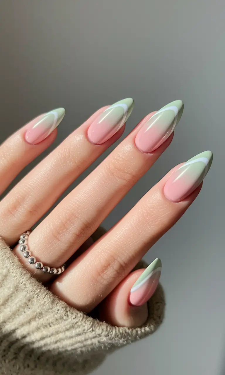 acrylic summer nails 2025 Sage and Pink Swirls