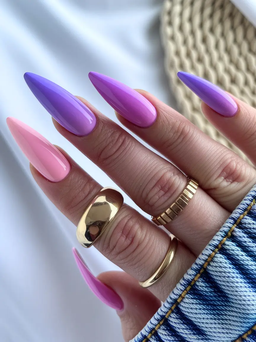 acrylic summer nails 2025 Lavender and Pink Ombré Stiletto Nails