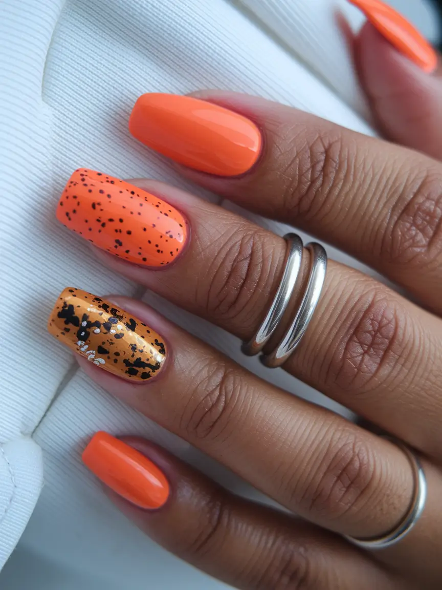 acrylic summer nails 2025 Orange Crush with Black Speckles