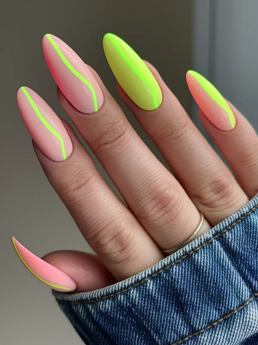 acrylic summer nails 2025 Neon Lime and Pastel Pink Streaks