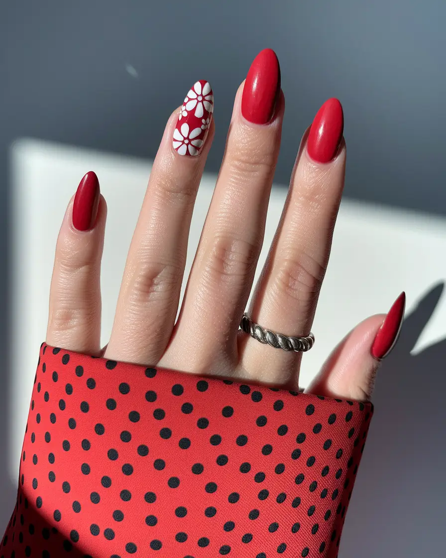 acrylic summer nails 2025 Classic Red with Dainty White Florals