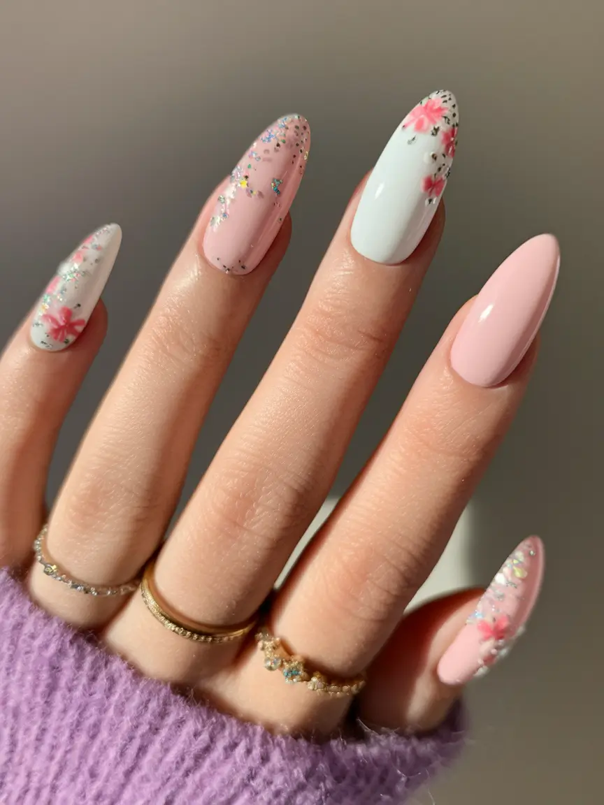 acrylic summer nails 2025 Soft Pink Florals with Sparkle
