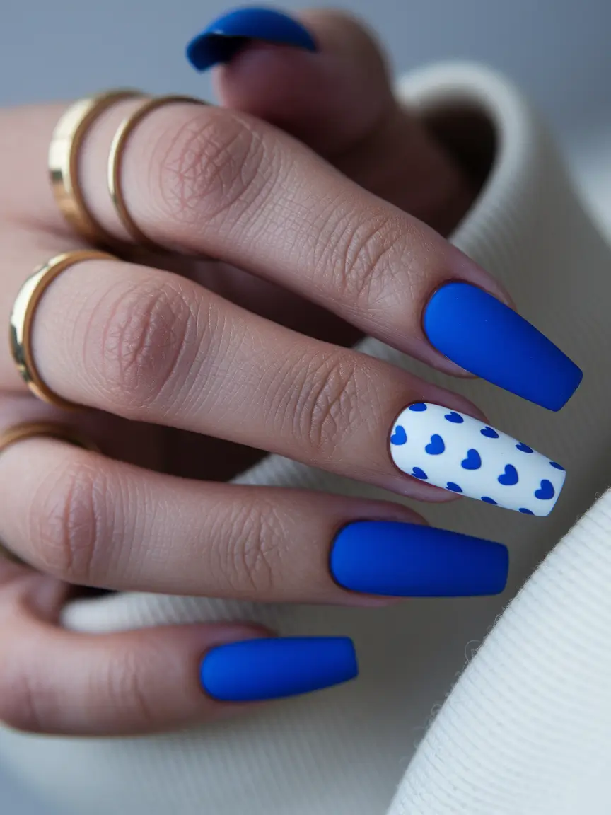 acrylic summer nails 2025 Bold Blue Hearts on Matte Finish