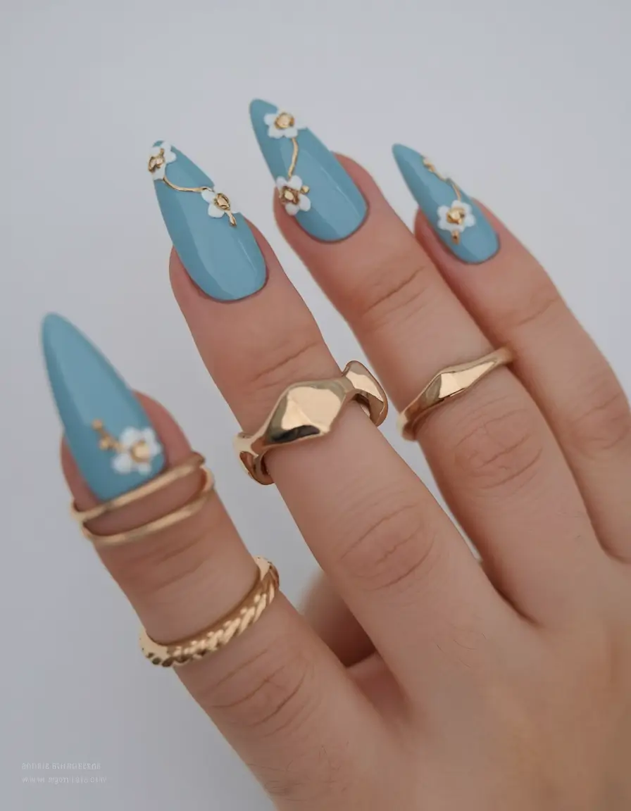 acrylic summer nails 2025 Elegant Blue Florals with Gold Accents