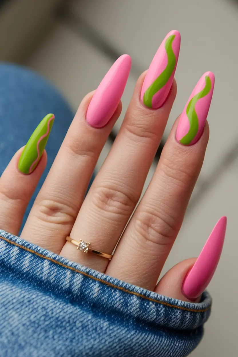 basic summer nails ideas Juicy Pink and Green Color Blocking