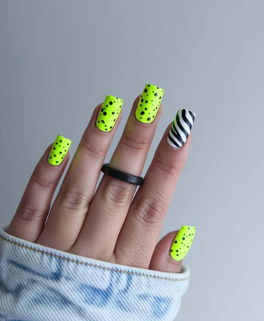 basic summer nails ideas Neon Dots and Monochrome Stripes Mashup
