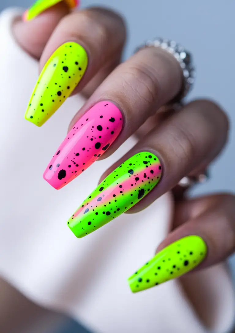 basic summer nails ideas Neon Ombre Splash with Black Ink Dots