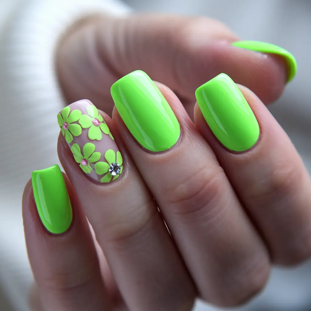 basic summer nails ideas Electric Green Blooms for Bold Vibes