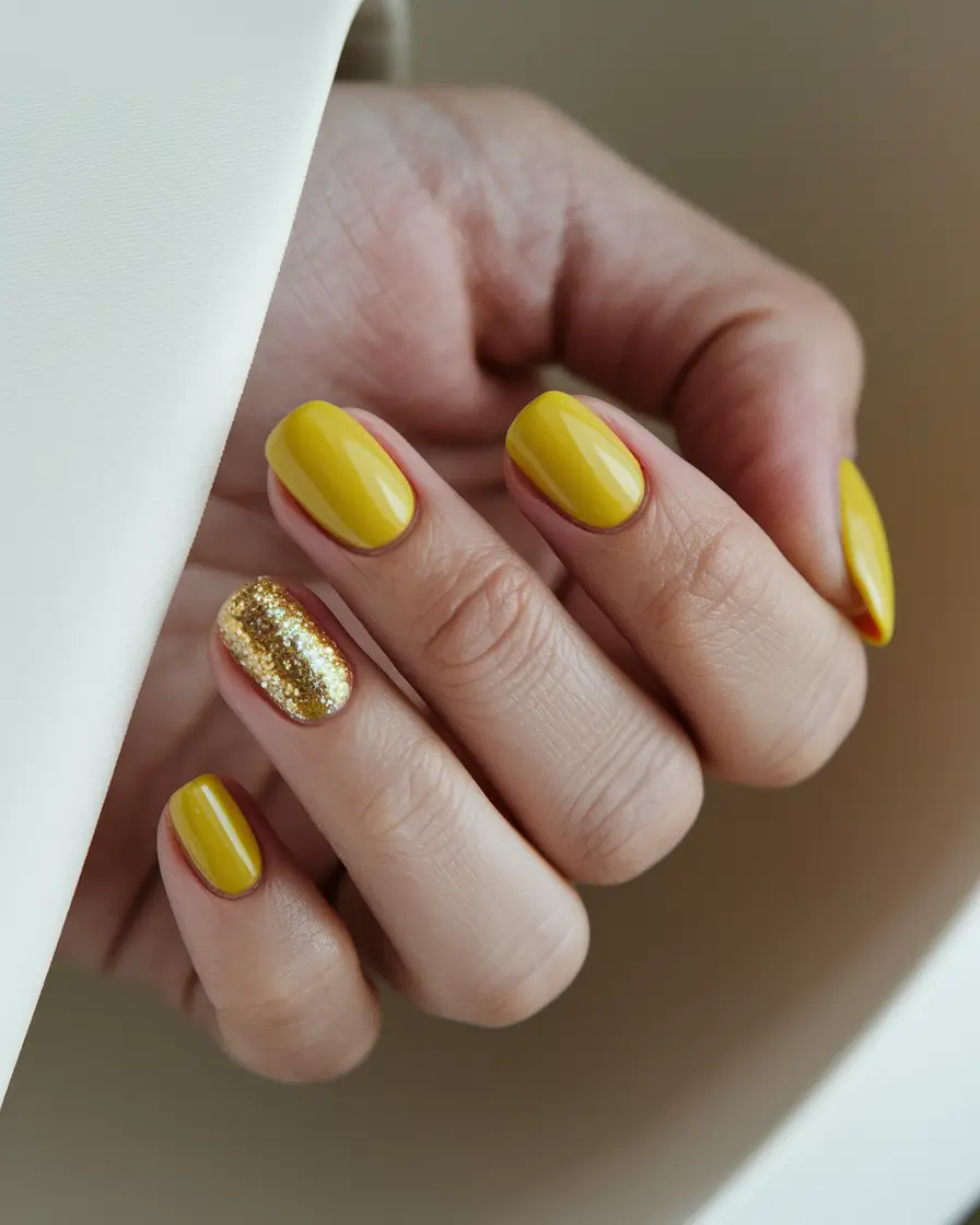 basic summer nails ideas Golden Yellow Simplicity with a Glitter Pop