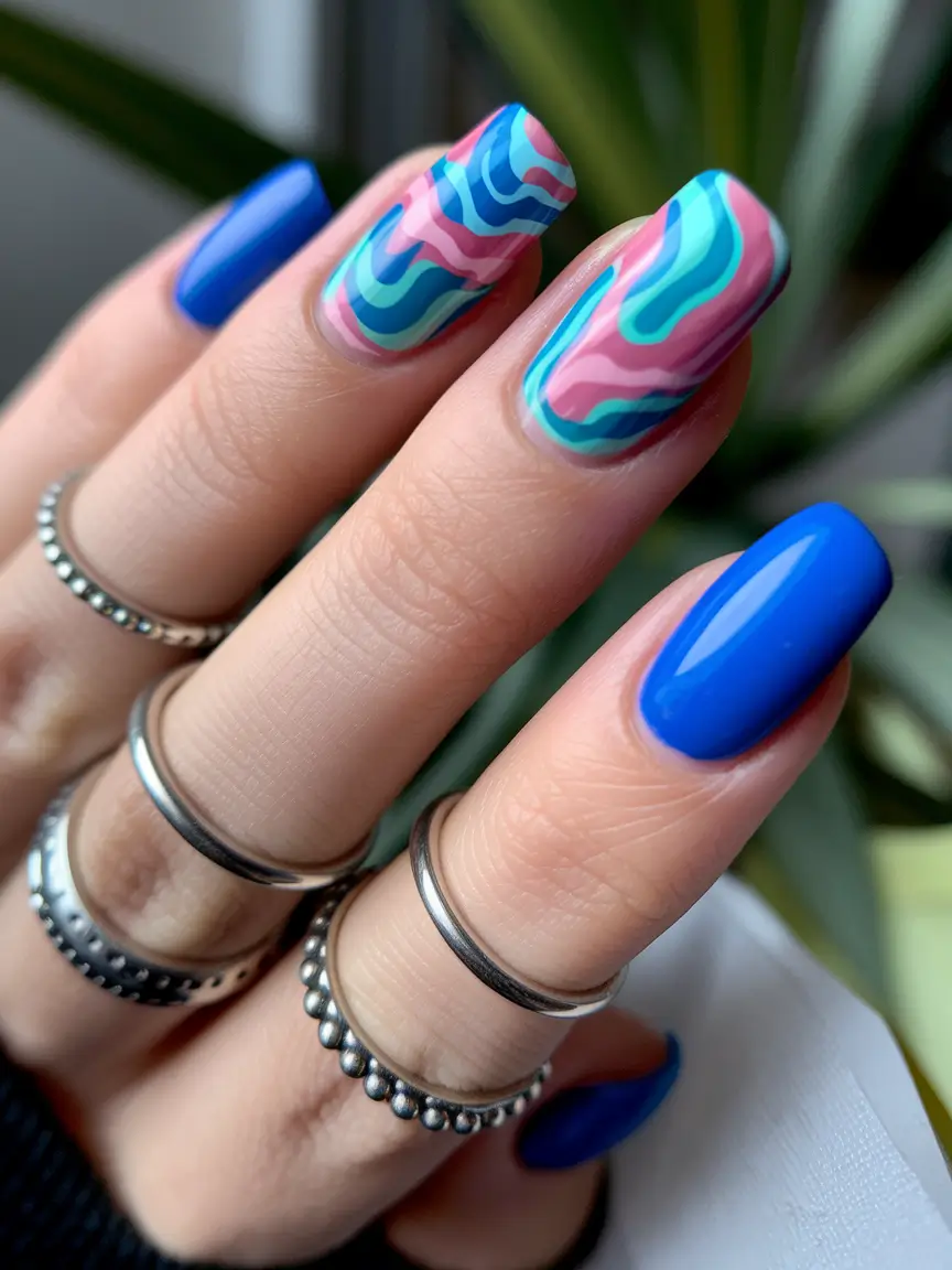 basic summer nails ideas Retro Psychedelic Swirls in Cool Hues