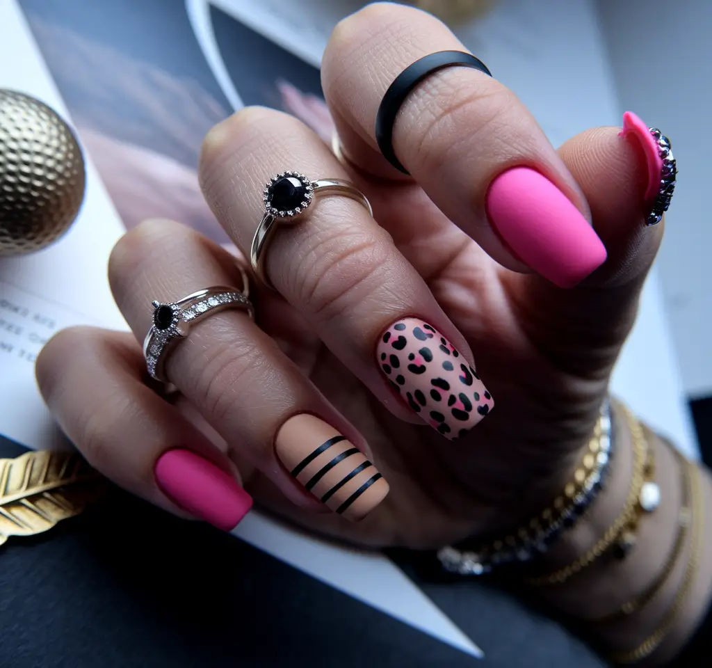 basic summer nails ideas Hot Pink Meets Leopard for a Bold Statement