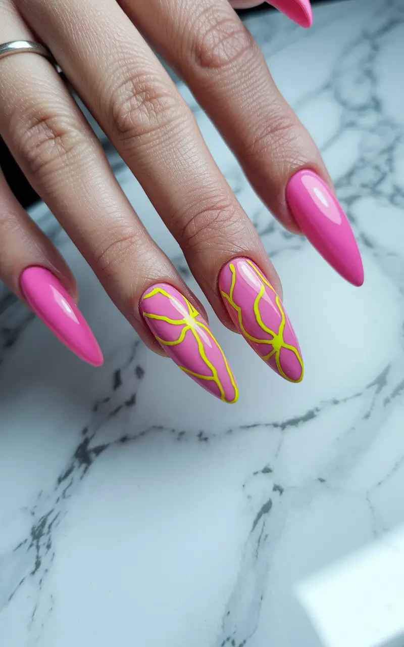 basic summer nails ideas Neon Veins over Barbiecore Base
