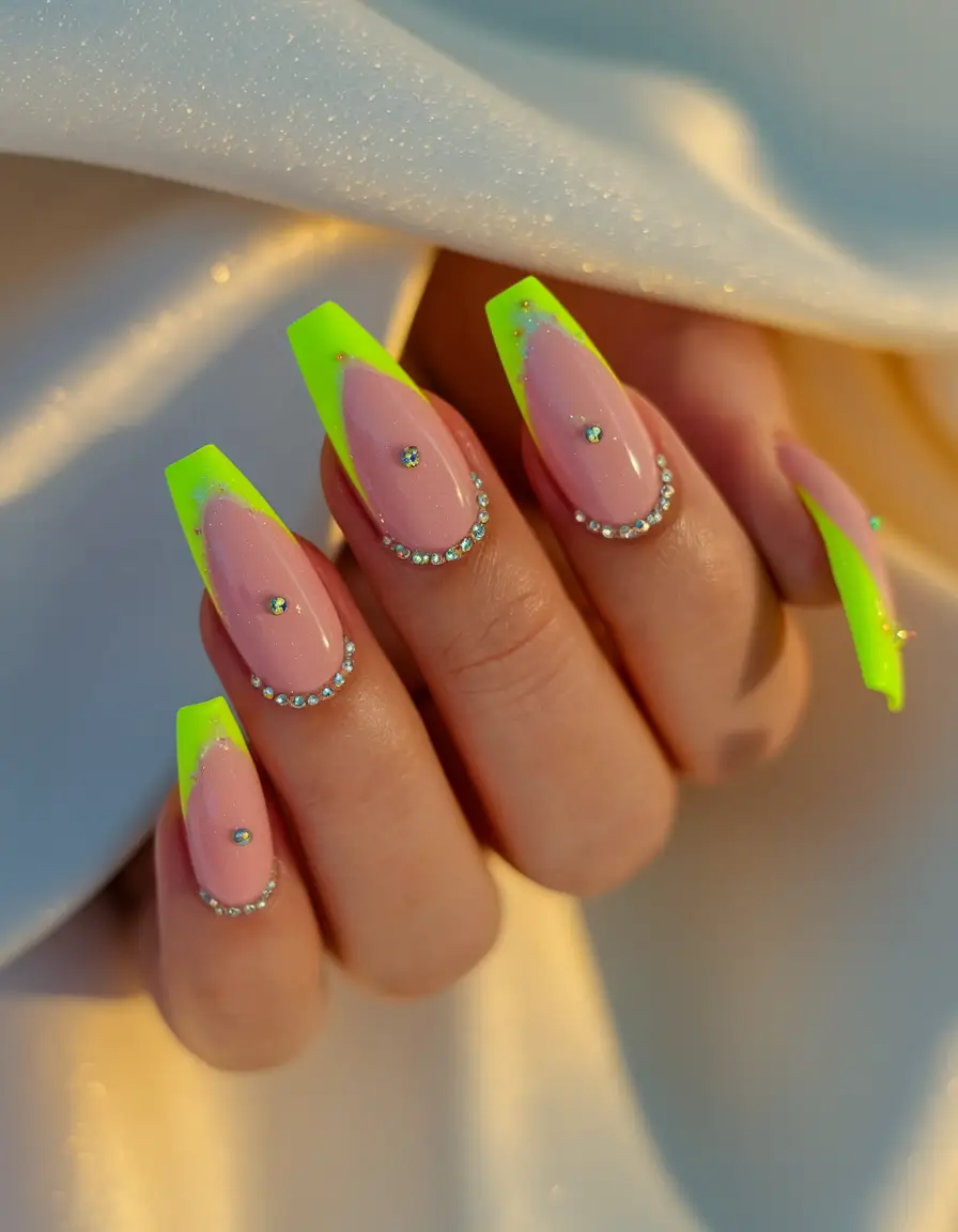 coffin summer nails ideas 2025+High-Voltage Neon Coffin Nails with Crystal Detail