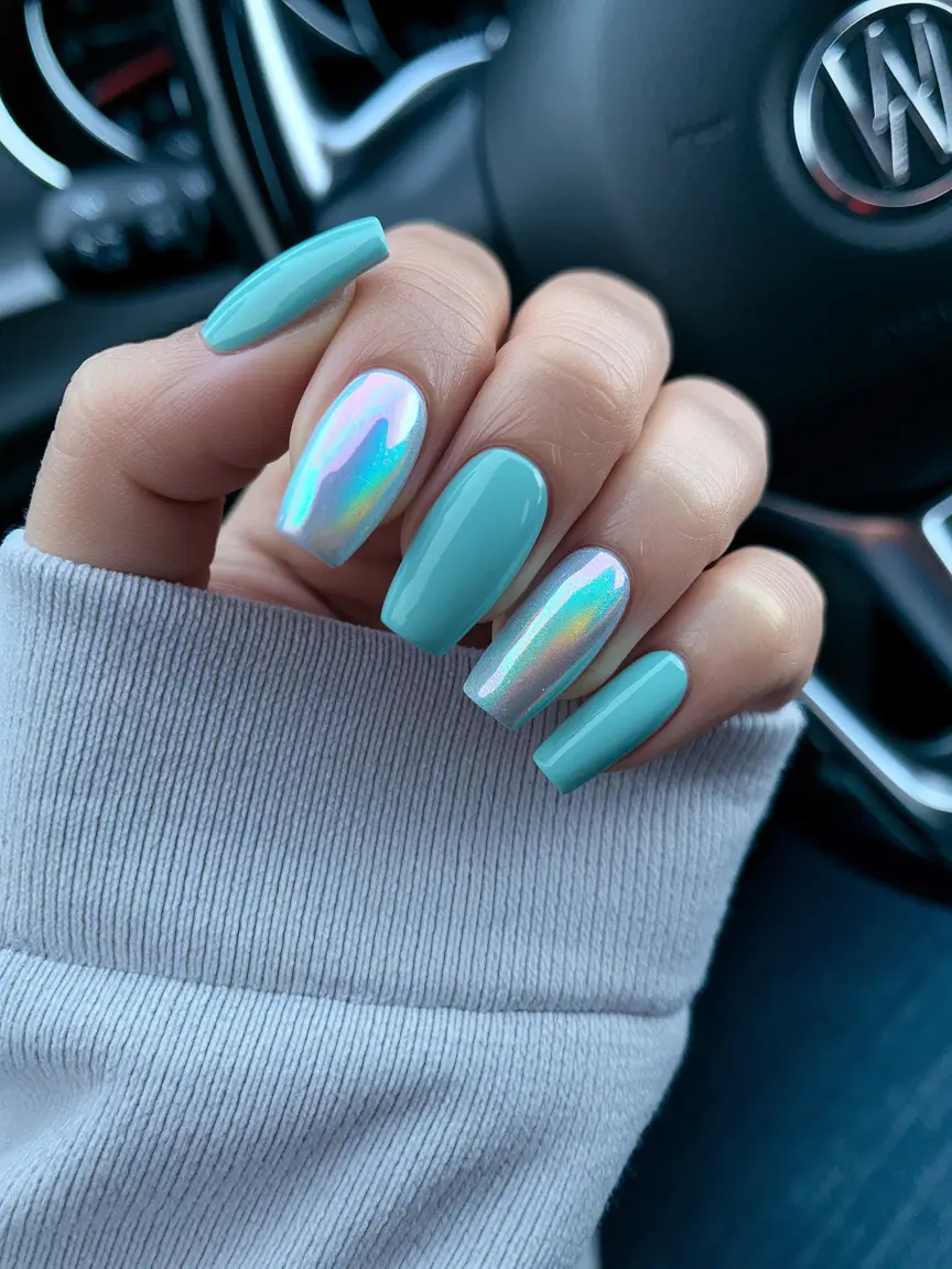 coffin summer nails ideas 2025+Glossy Aqua and Chrome Duo