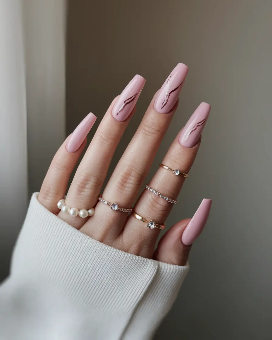 coffin summer nails ideas 2025+Dusty Pink with Subtle Art Strokes