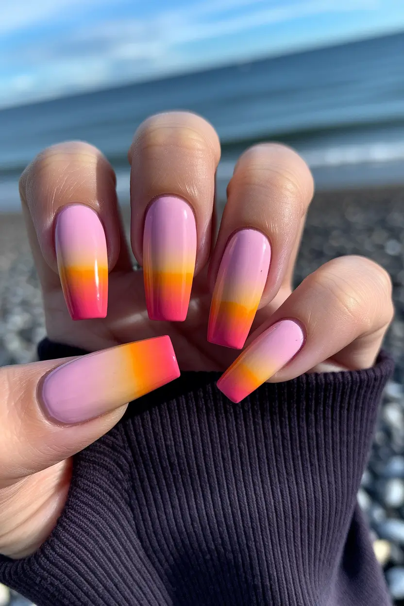 coffin summer nails ideas 2025+Sunset Ombre Summer Glow