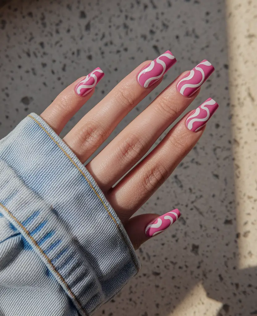 coffin summer nails ideas 2025+Retro Pop Pink with White Waves