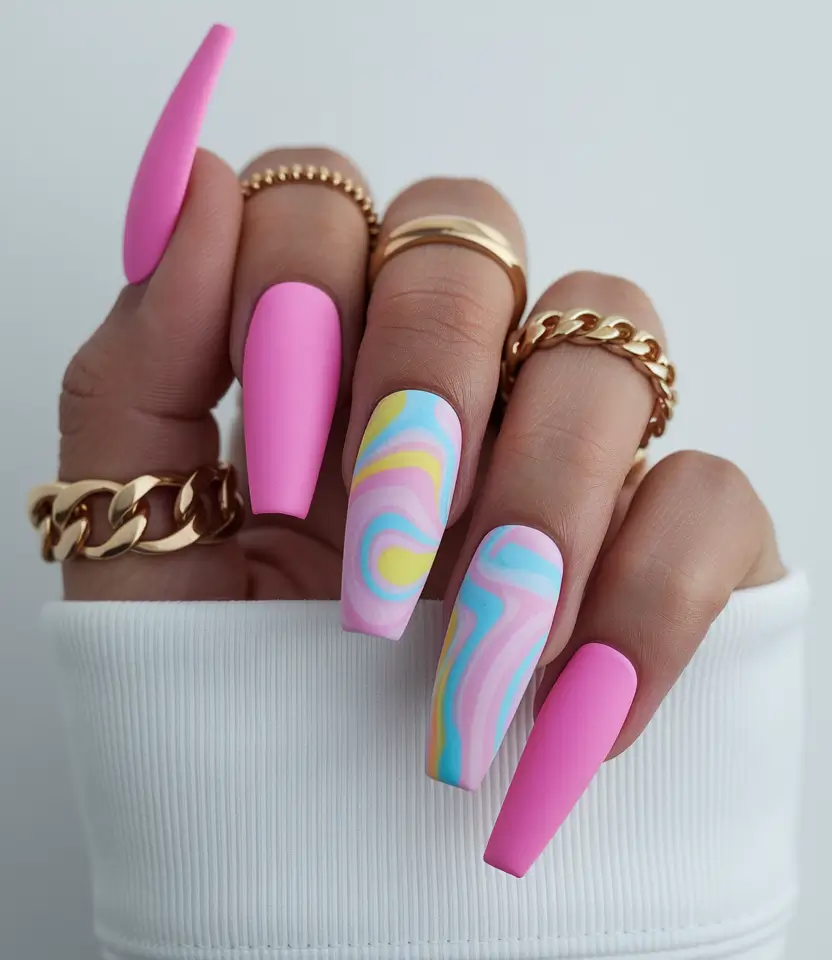 coffin summer nails ideas 2025+Bubblegum Dreams with Cotton Candy Swirl