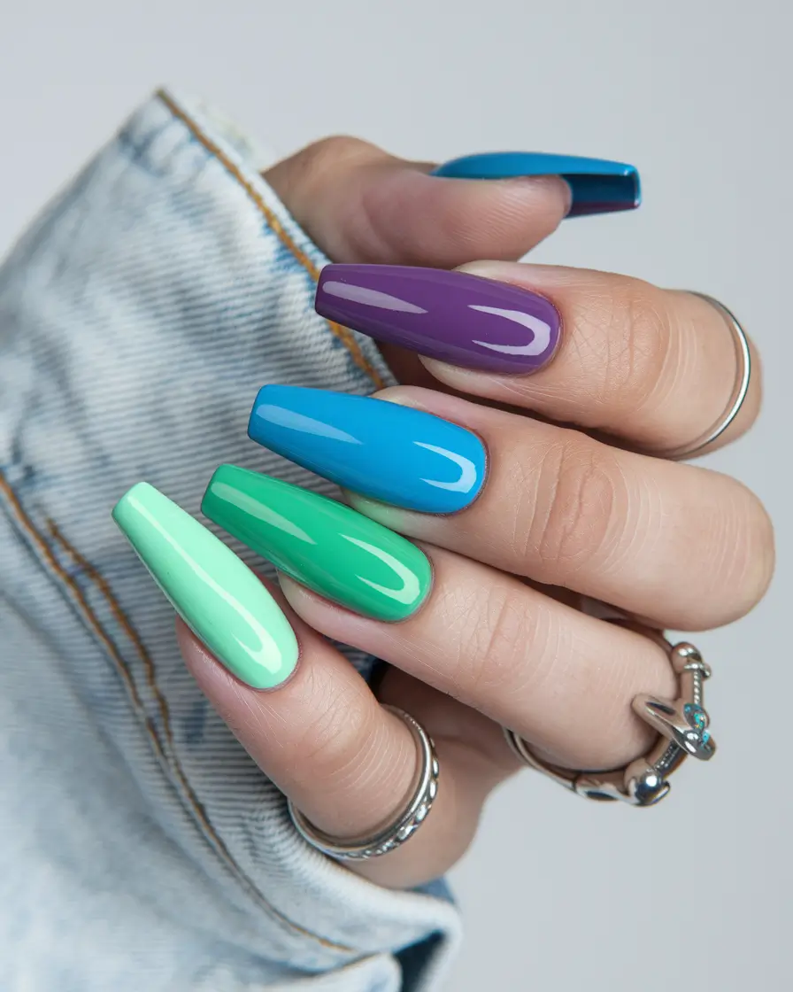 coffin summer nails ideas 2025+Color-Block Rainbow in Gloss Finish