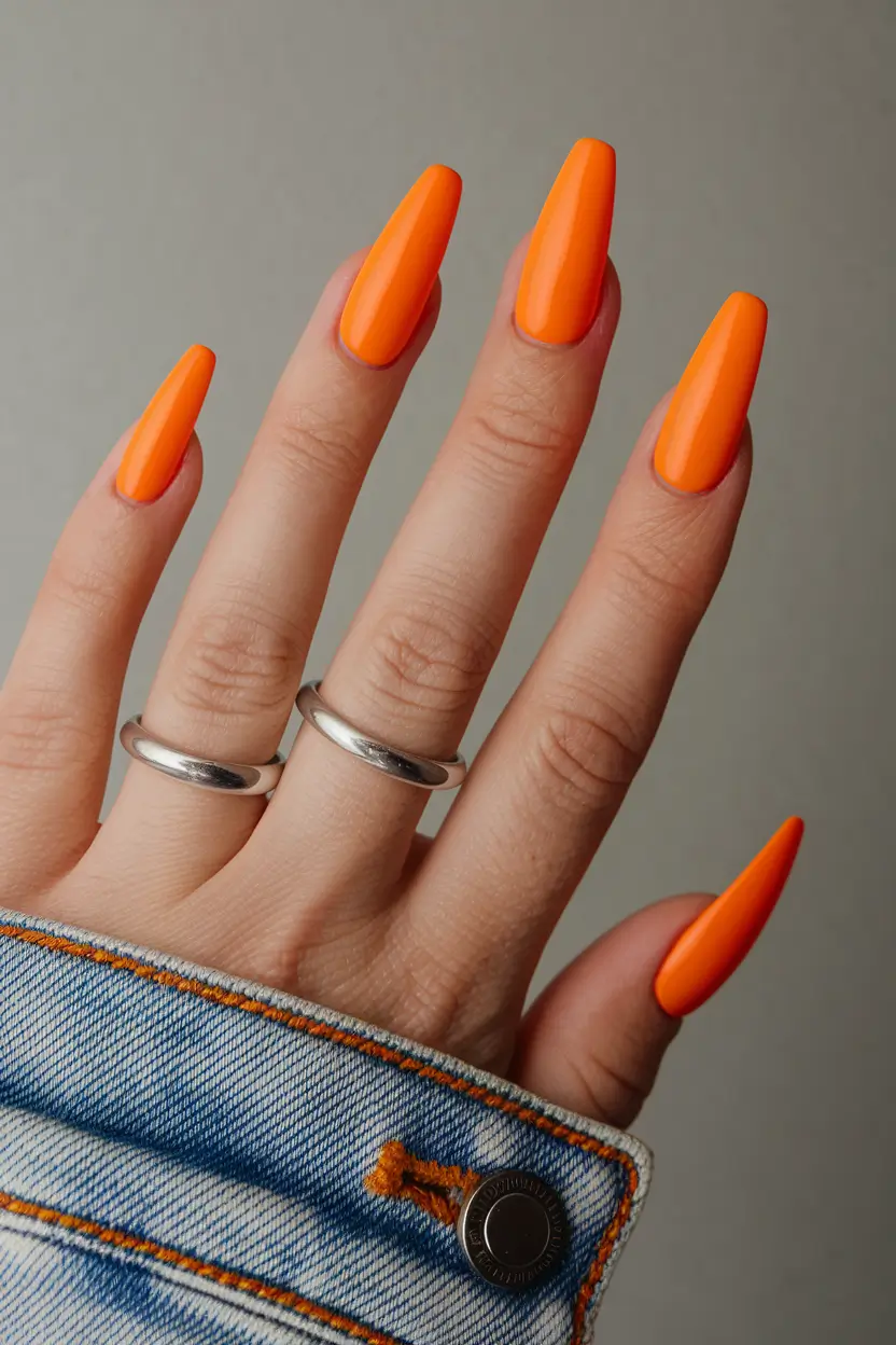 coffin summer nails ideas 2025+Solid Neon Orange Glow