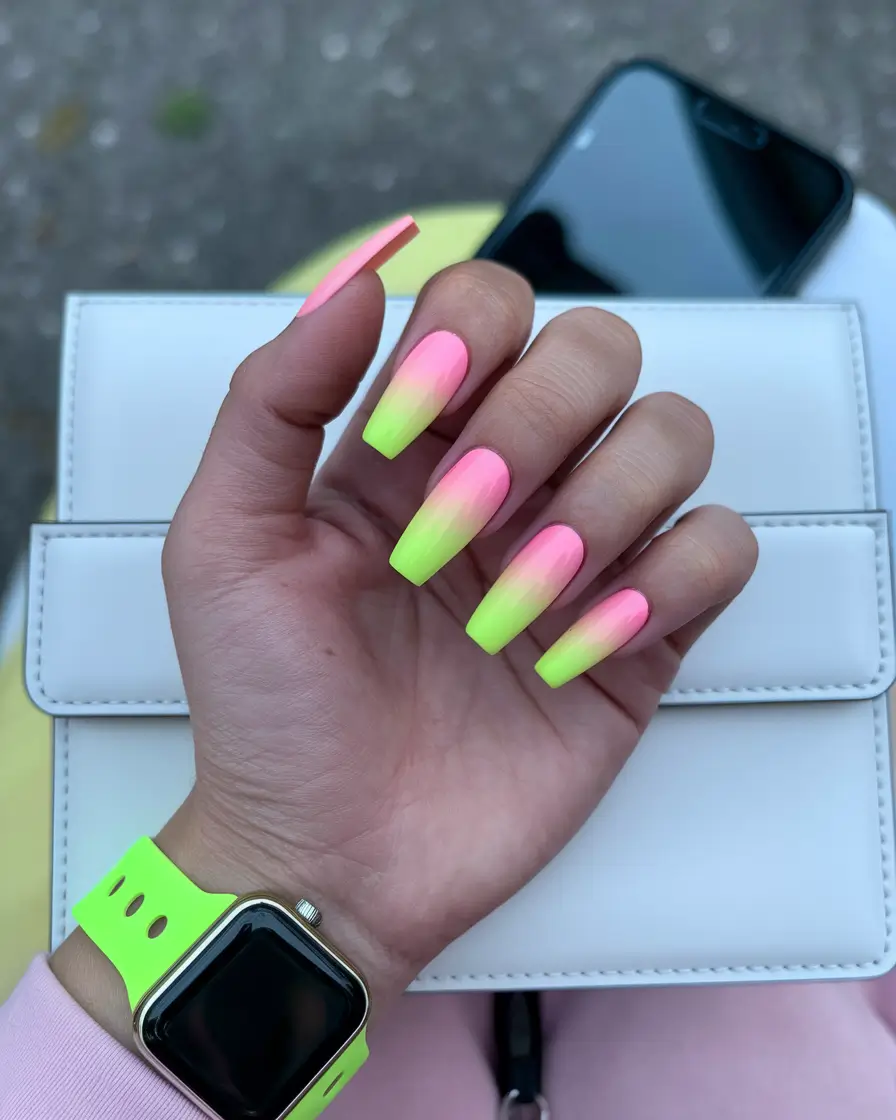 coffin summer nails ideas 2025+Pink and Lime Neon Ombre