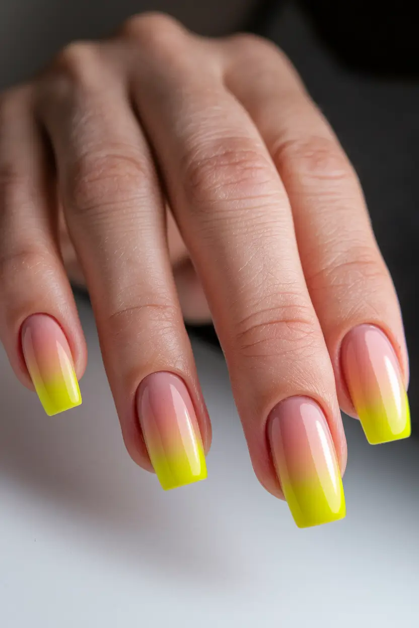 coffin summer nails ideas 2025+Peach and Yellow Gloss Fade