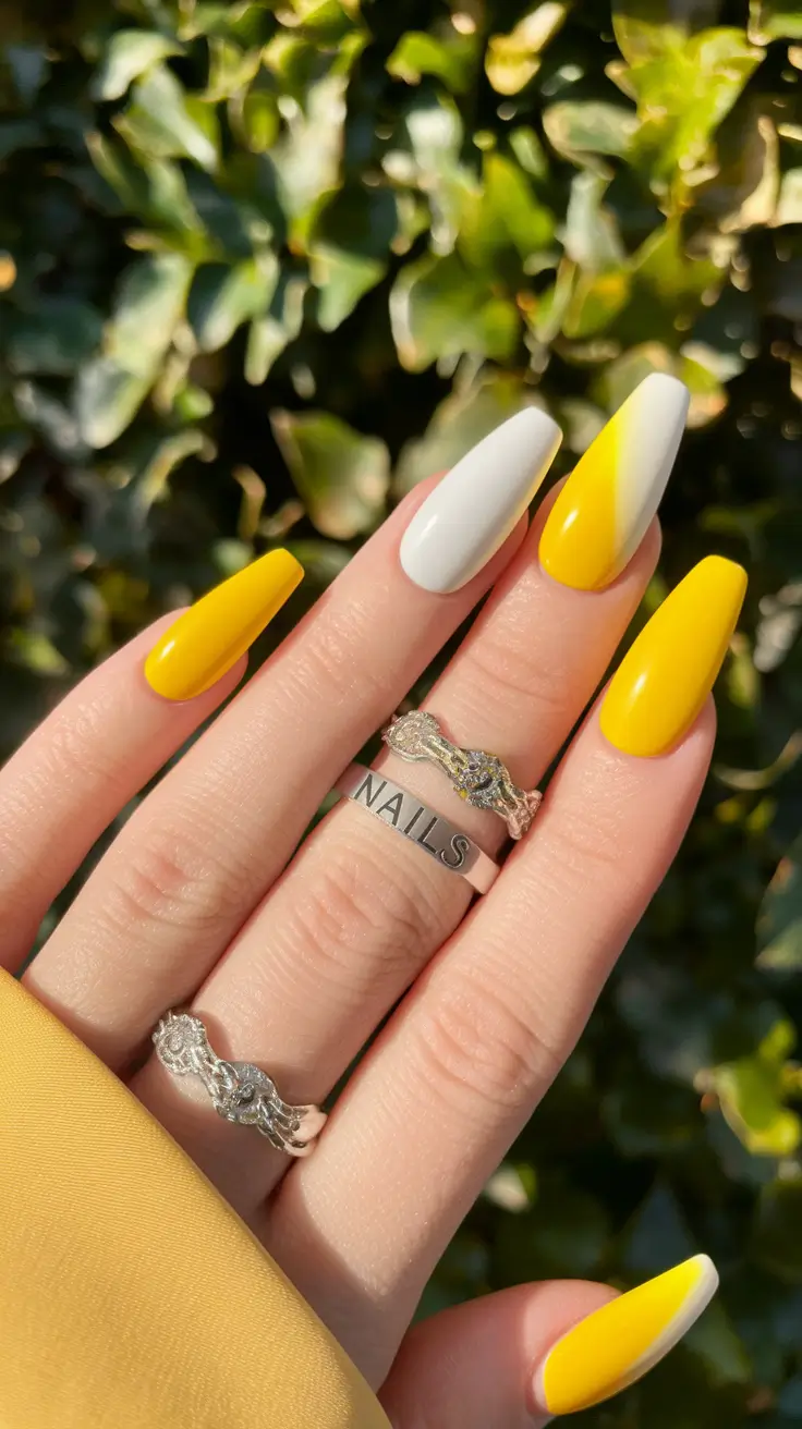 coffin summer nails ideas 2025+Lemon Sorbet and White Gloss Gradient