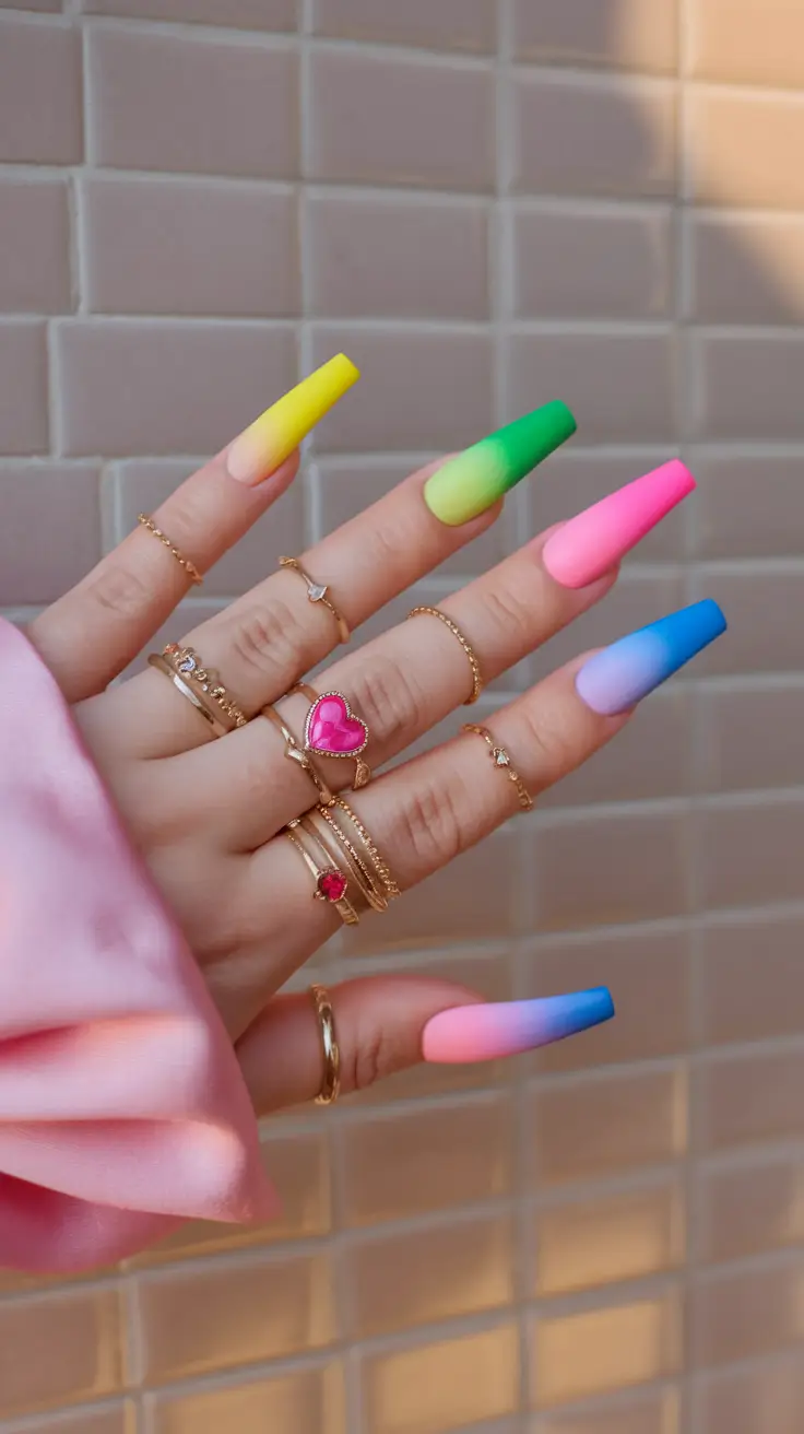 coffin summer nails ideas 2025+Full Rainbow Matte Ombre