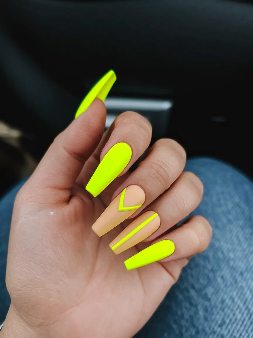 coffin summer nails ideas 2025+Graphic Neon on Matte Peach