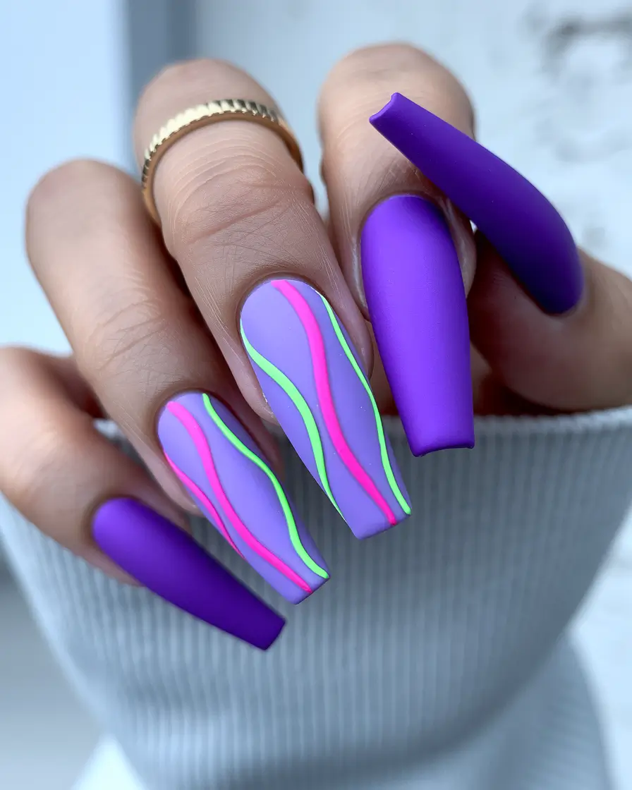 coffin summer nails ideas 2025+Neon Wave Art on Matte Lavender