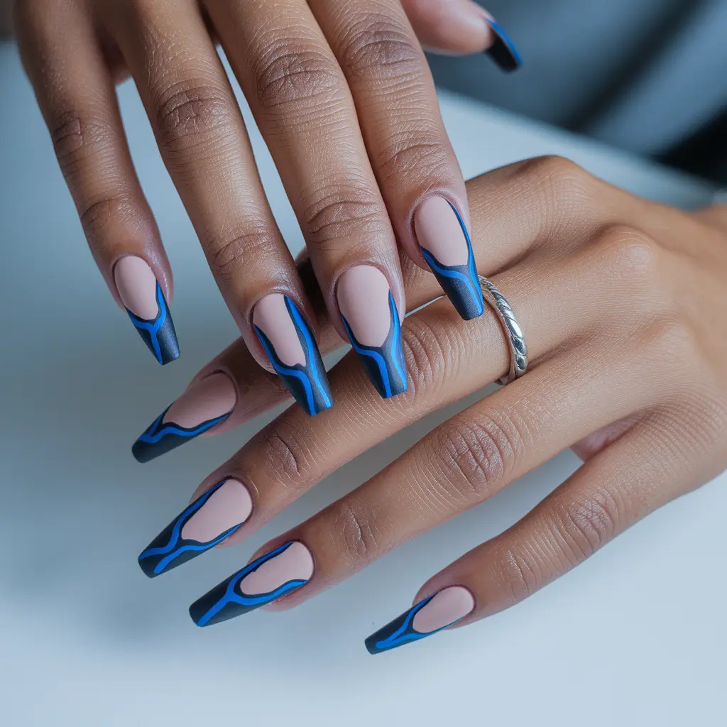coffin summer nails ideas 2025+Midnight Blue Contour on Nude Base