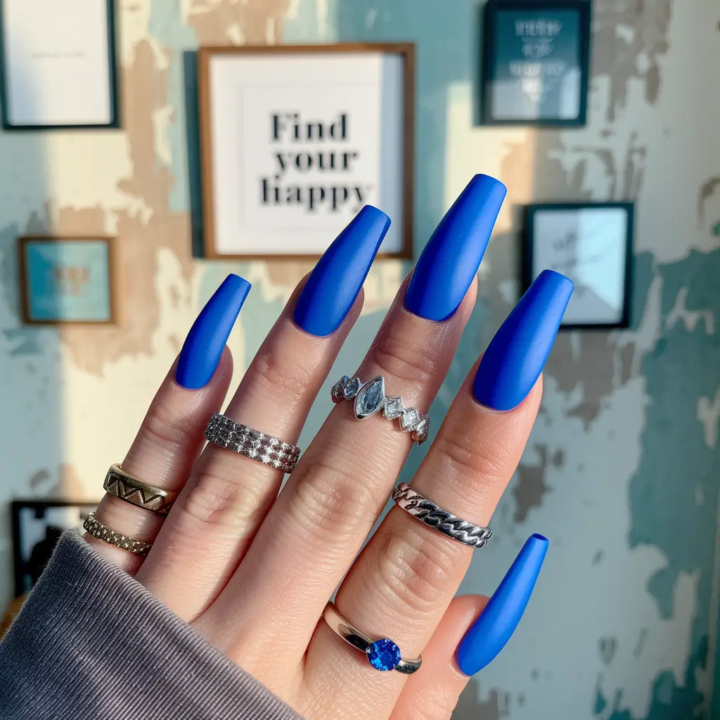 coffin summer nails ideas 2025+Electric Matte Blue Confidence