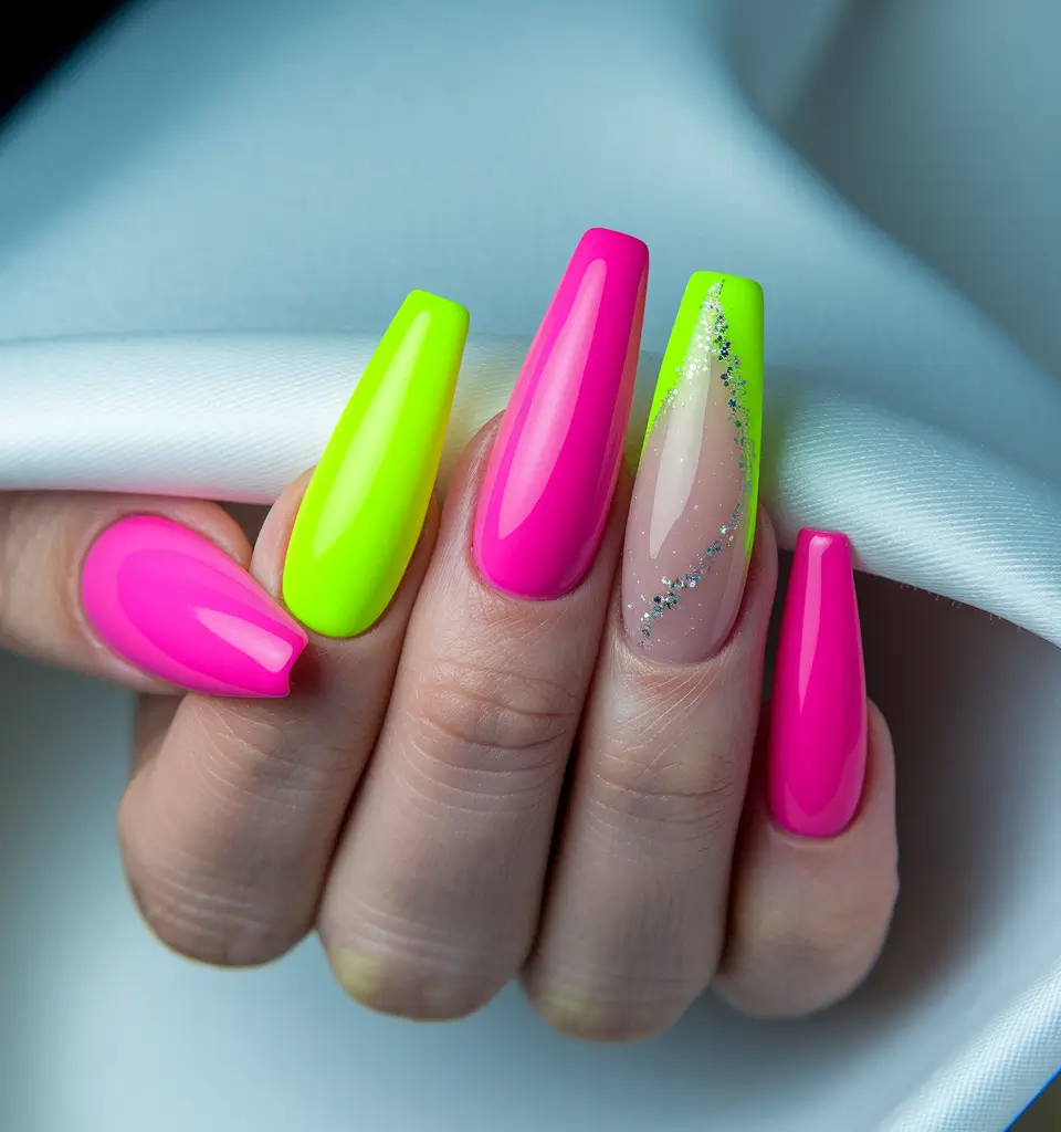 coffin summer nails ideas 2025+Fluoro Pop with Glitter Accent
