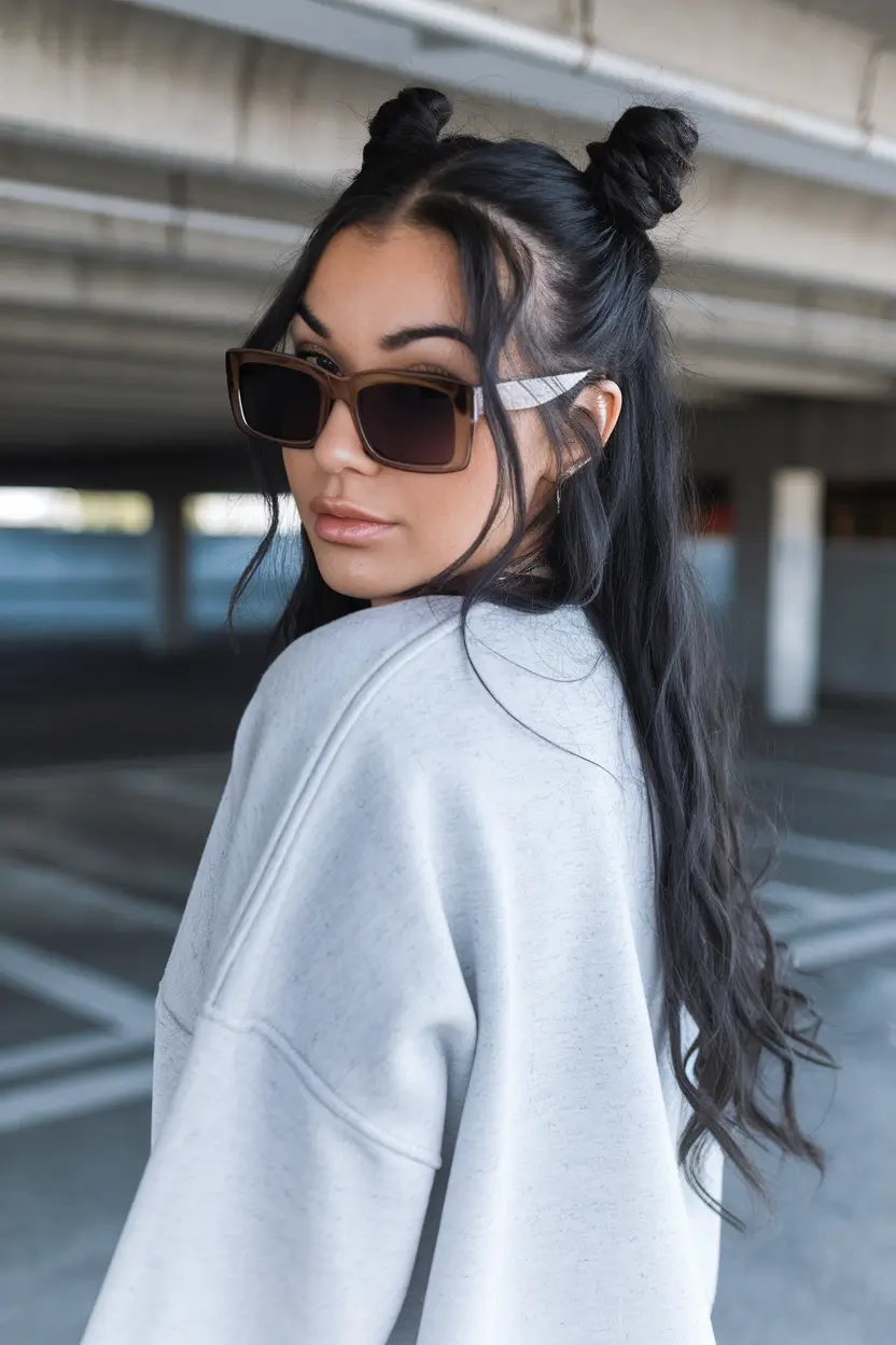 cute hairstyles summer 2025 Double Buns with Cascading Waves