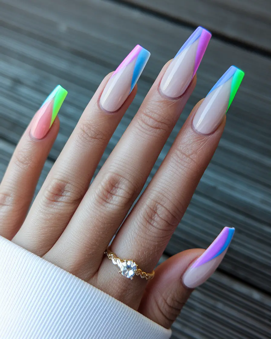 cute summer nails ideas 2025 Neon Swirl French Tips with a Modern Twist