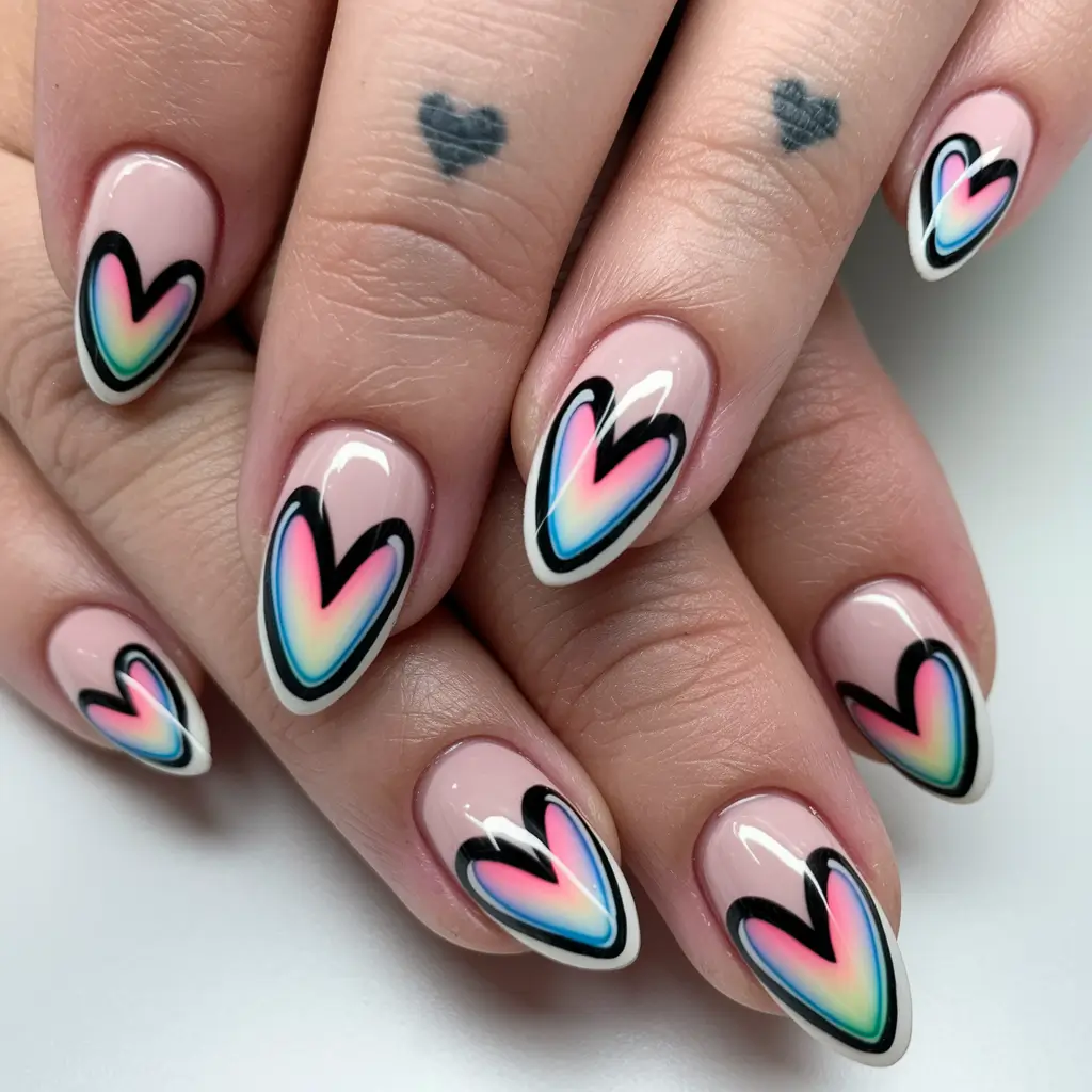 cute summer nails ideas 2025 Pop-Art Hearts with Neon Glow
