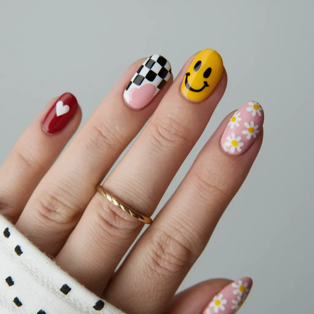 cute summer nails ideas 2025 Checkerboard Meets Smiley Meets Daisies