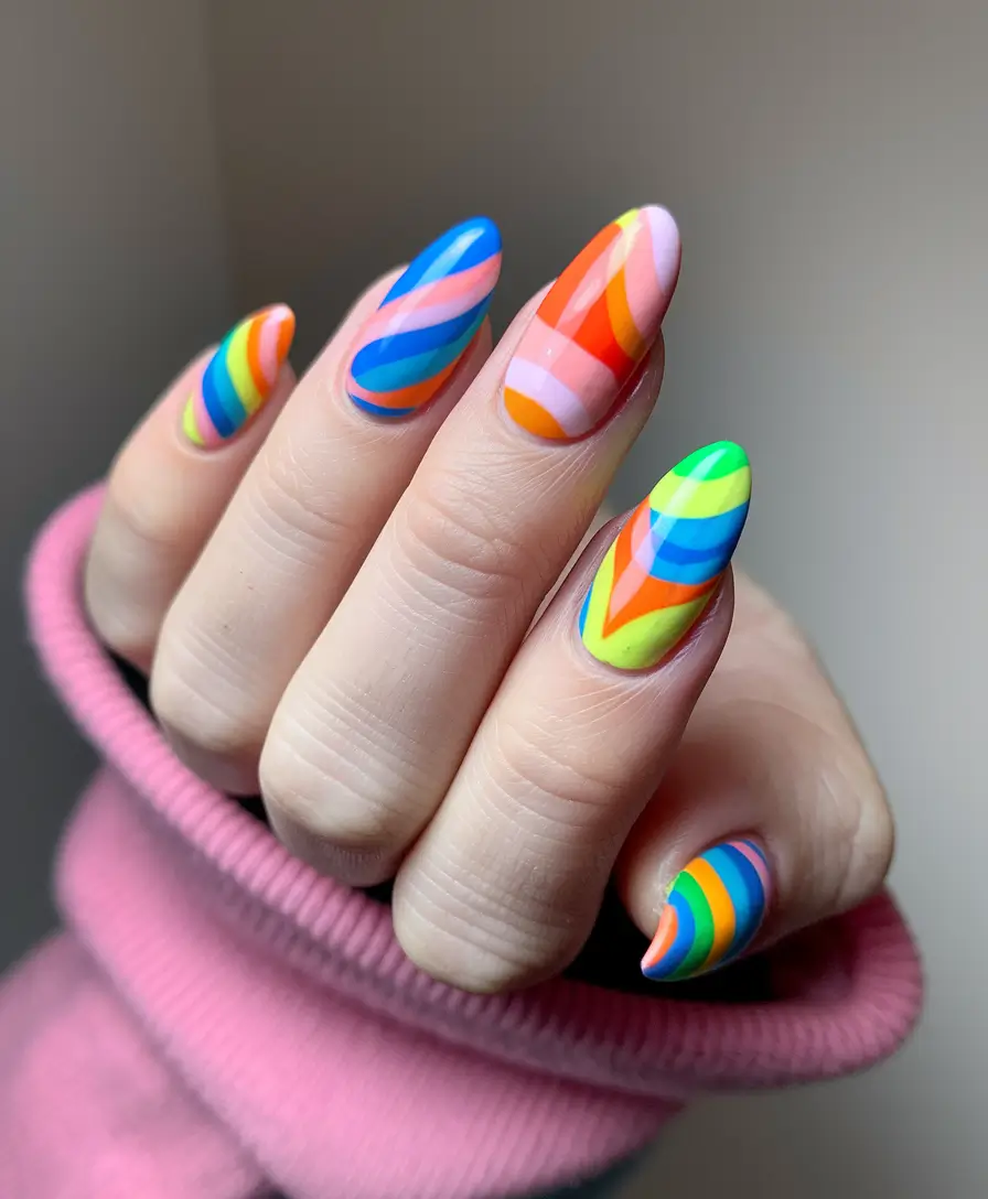 cute summer nails ideas 2025 Neon Candy Swirl Magic