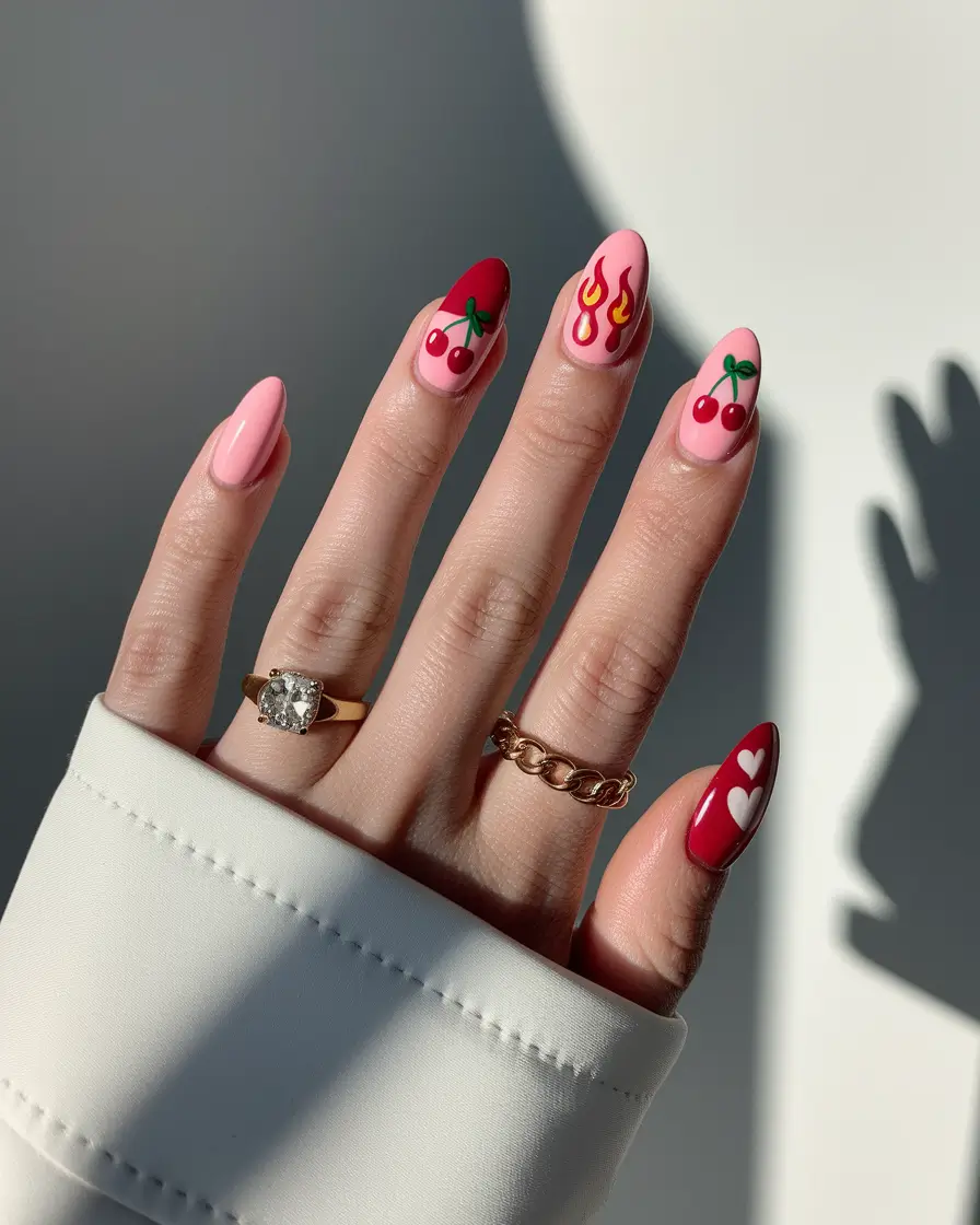 cute summer nails ideas 2025 Cherry Flames & Double Hearts